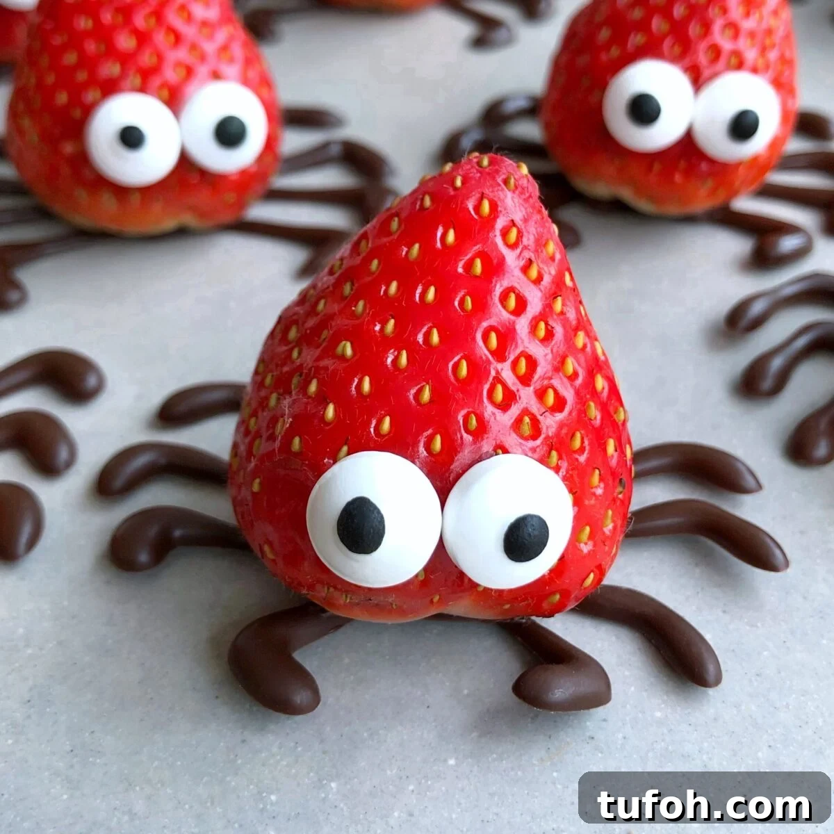 A strawberry decorated with candy eyes and chocolate legs to resemble a spider, with similar creations displayed in the background, on a light grey surface.