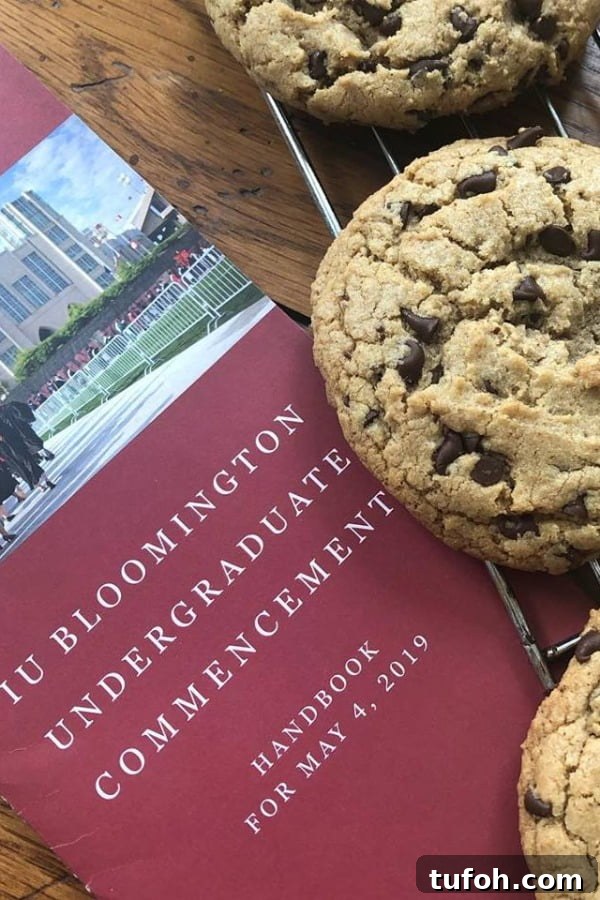 Almond Butter Chocolate Chip Cookies — Crispy and Chewy 4 jumbo chocolate chip cookie with Indiana University commencement program. GC Little 500 champ!
