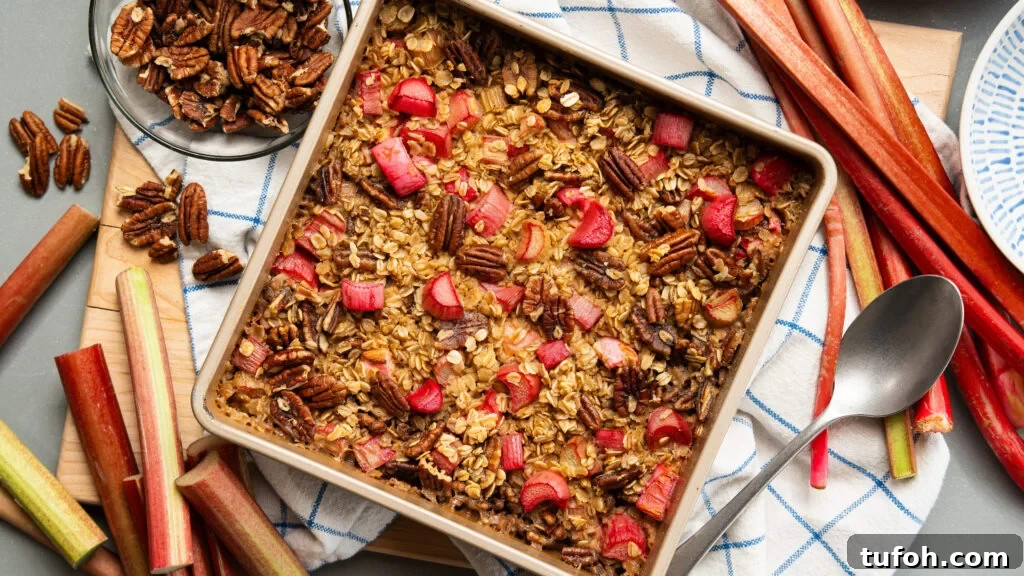 Rhubarb Baked Oats Recipe for Quick Morning Meals 3 Baked oats with rhubarb in a pan—just out of the oven.