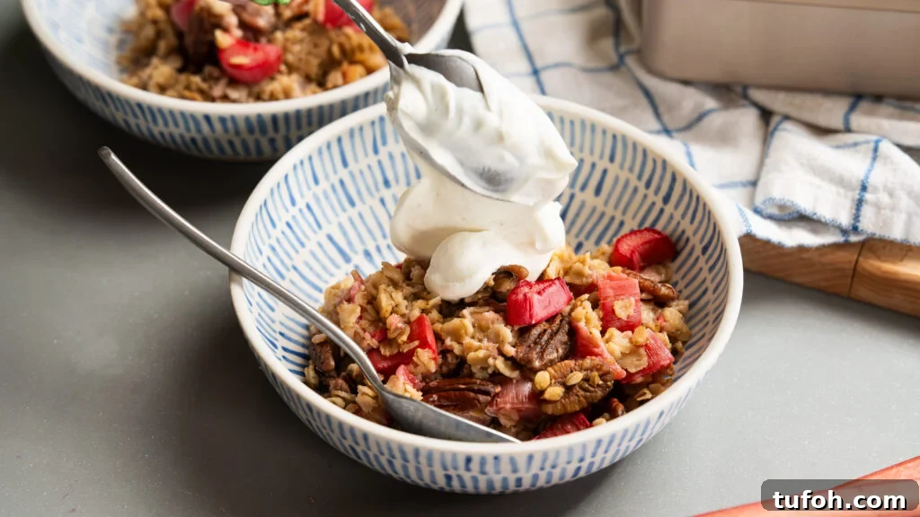 Rhubarb Baked Oats Recipe for Quick Morning Meals 5 Baked oats with rhubarb in a bowl with thick yogurt.
