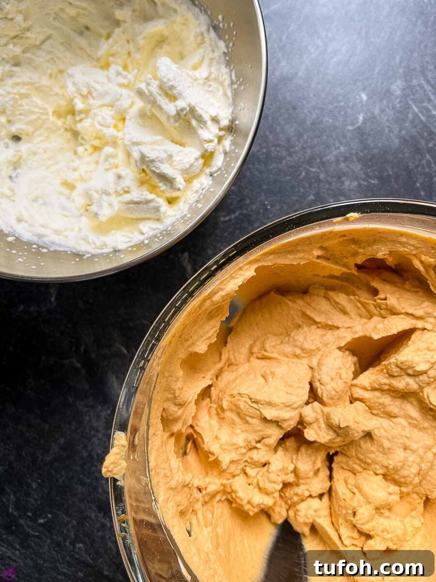 No-Bake Pumpkin Cheesecake Recipe — Creamy Fall Dessert 7 Whipped cream and pumpkin cream cheese filling.