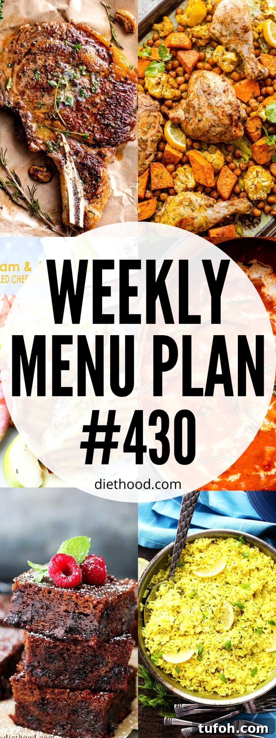 A delicious collection of dinner, side dishes, and dessert recipes to help you plan your weekly menu and make life easier for you! WEEKLY MENU PLAN 430 six pictures collage.