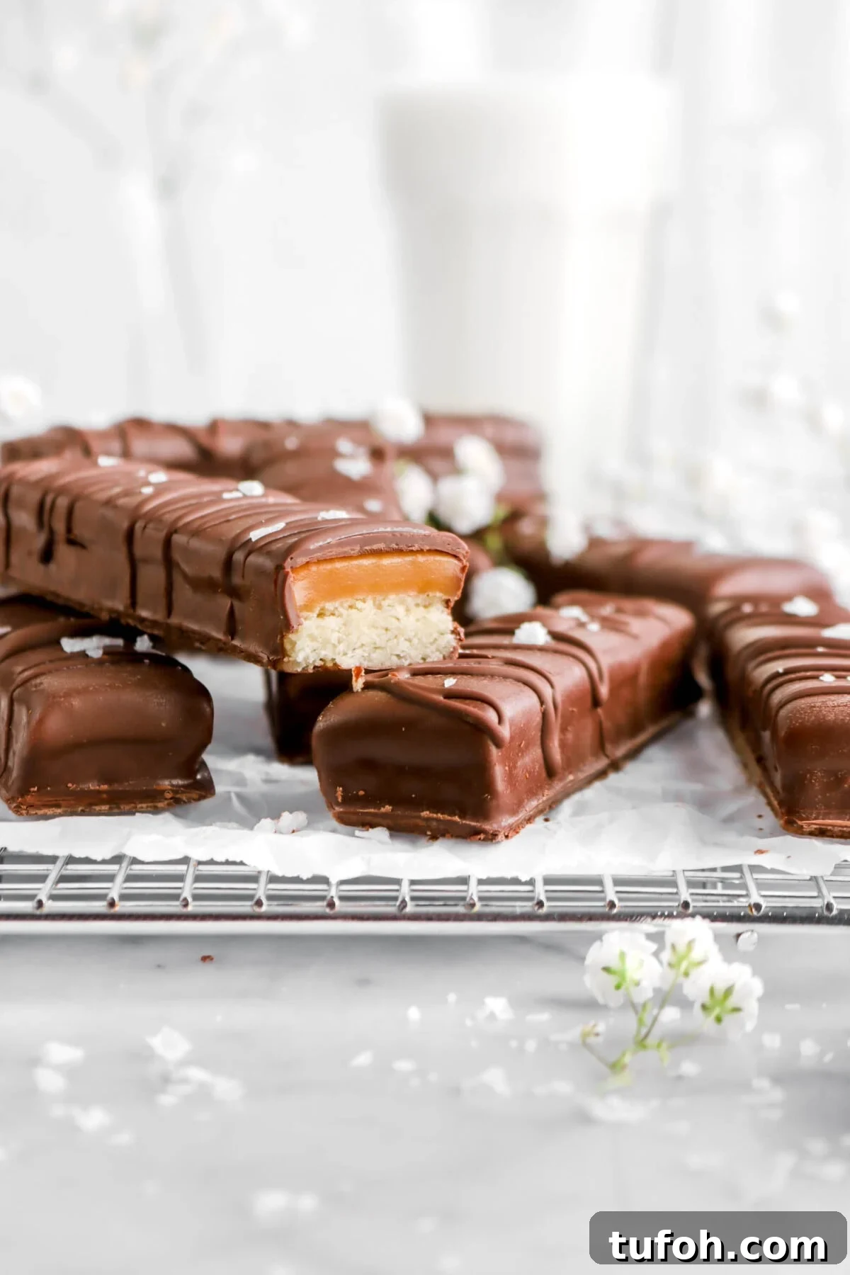 close up of cut open twix bar