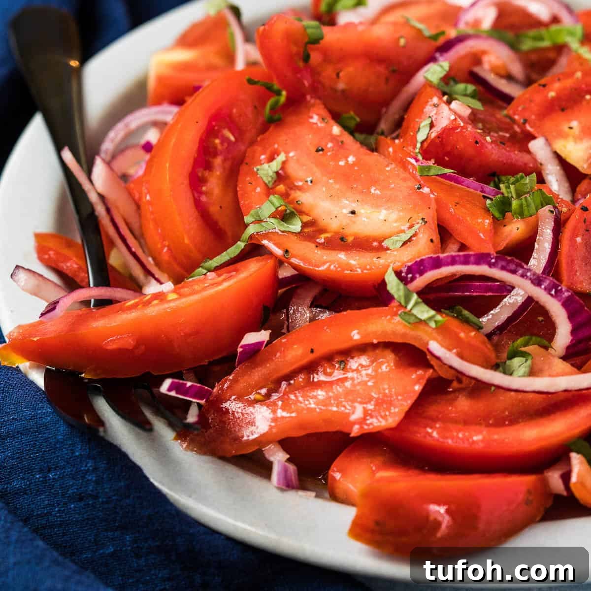 close up of tomato salad on plate with serving fork and blue napkin