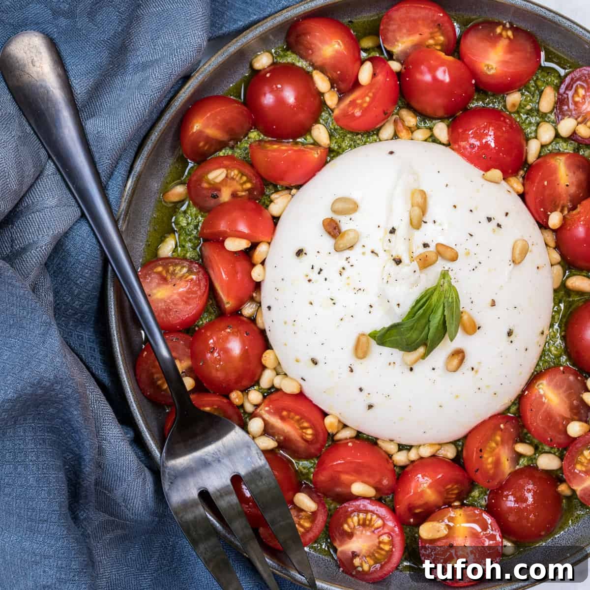 close up of burrata with tomatoes and pesto with serving fork and napkin
