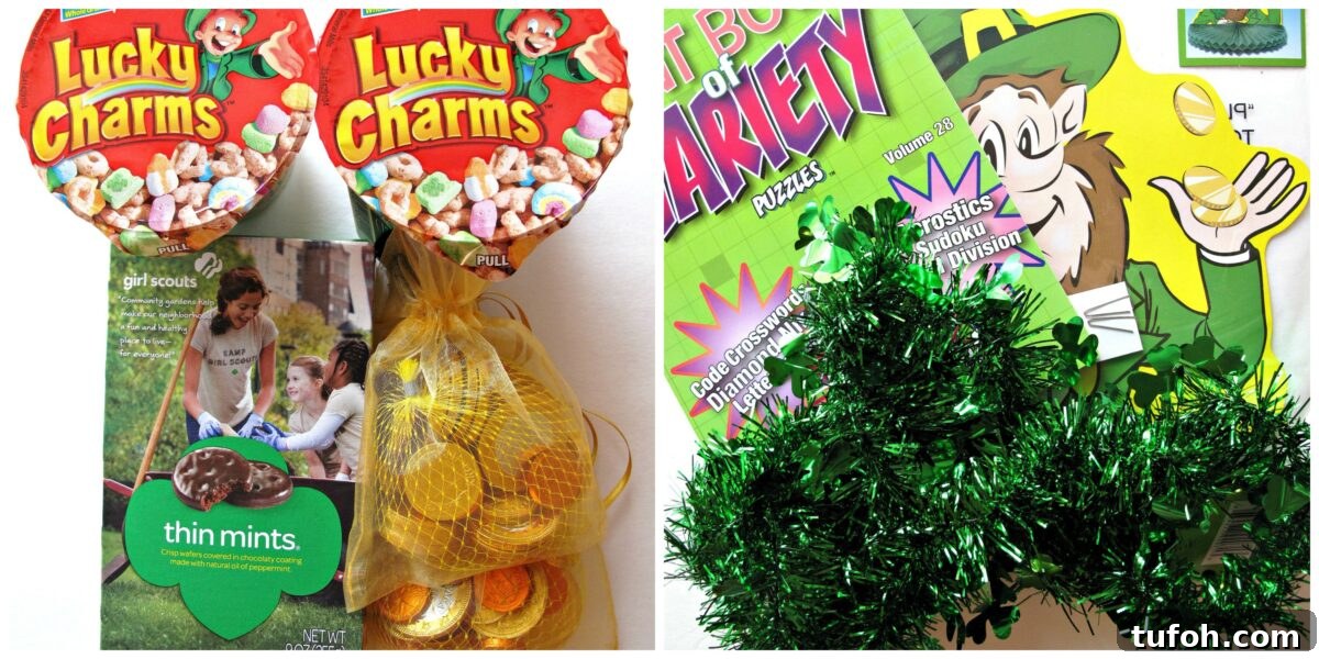 St. Patrick’s Day Chocolate-Covered Oreo Treats 4 Care Package Contents: cereal, gold chocolate coins, cookies, puzzle books, green garland.
