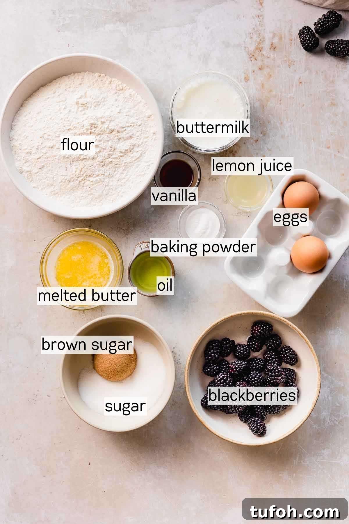 Irresistible Blackberry Muffin Recipe for Perfect Homemade Muffins 4 blackberry buttermilk muffins ingredients in bowls