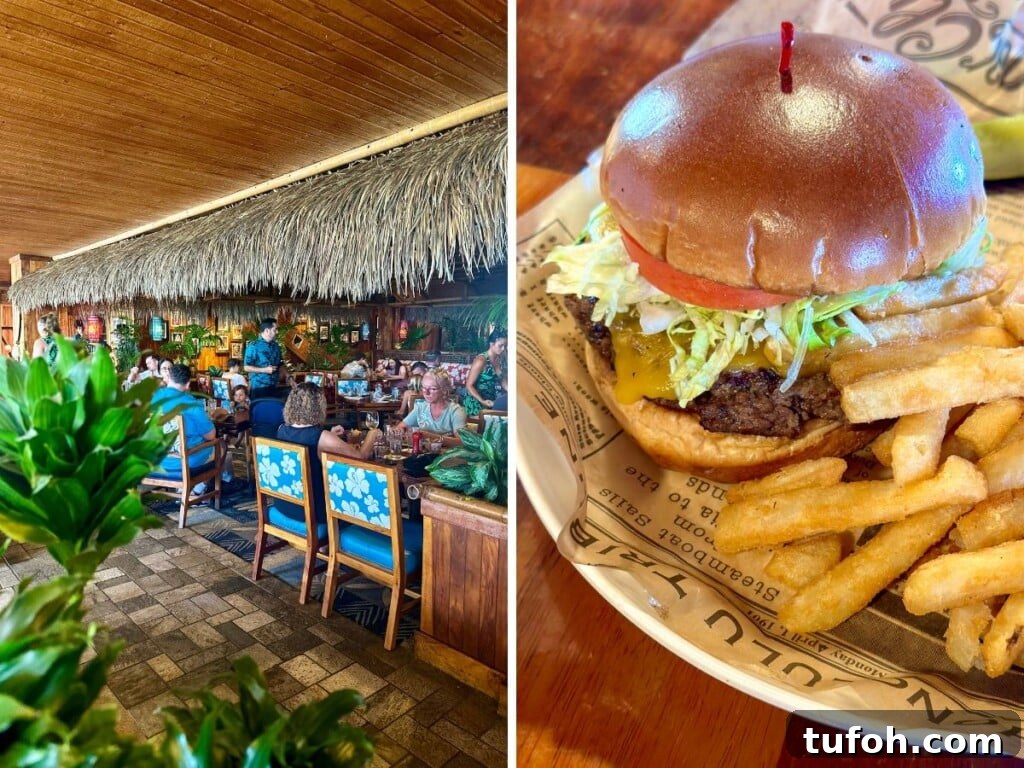 Unforgettable Theme Restaurants to Try in Waikīkī 3 Left: Duke's Waikiki restaurant with fun Hawaiian decor including chairs with a hibiscus pattern, thatched roof, wooden furniture and tropical plants. Left: Duke's Cheeseburger, so juicy!