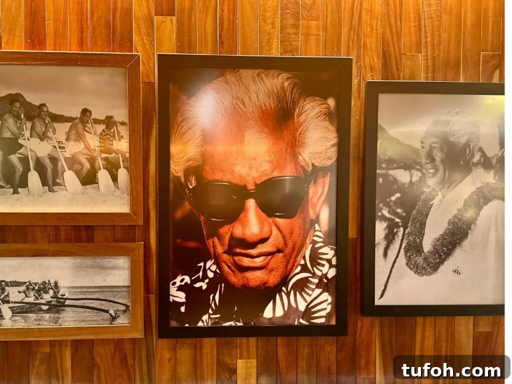 Unforgettable Theme Restaurants to Try in Waikīkī 4 Historic photographs of Hawaiian swimmer and surfing legend Duke Kahanamoku.