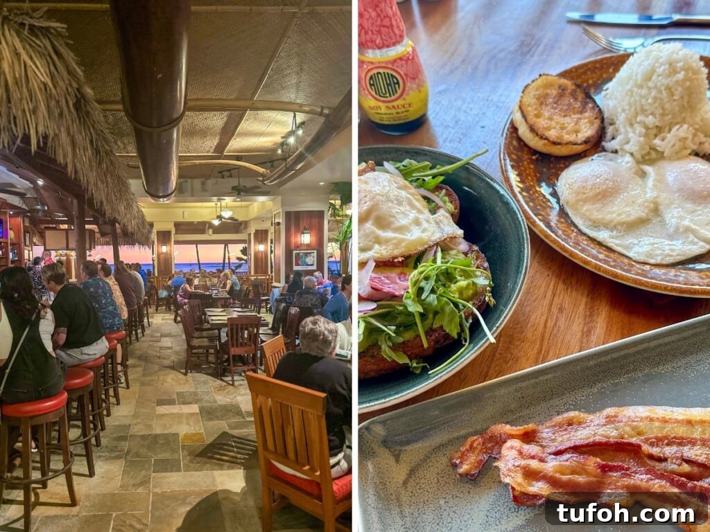 Unforgettable Theme Restaurants to Try in Waikīkī 5 Left: Sunset views at Hula Grill Waikiki. Right: Brunch dishes including bacon and eggs.