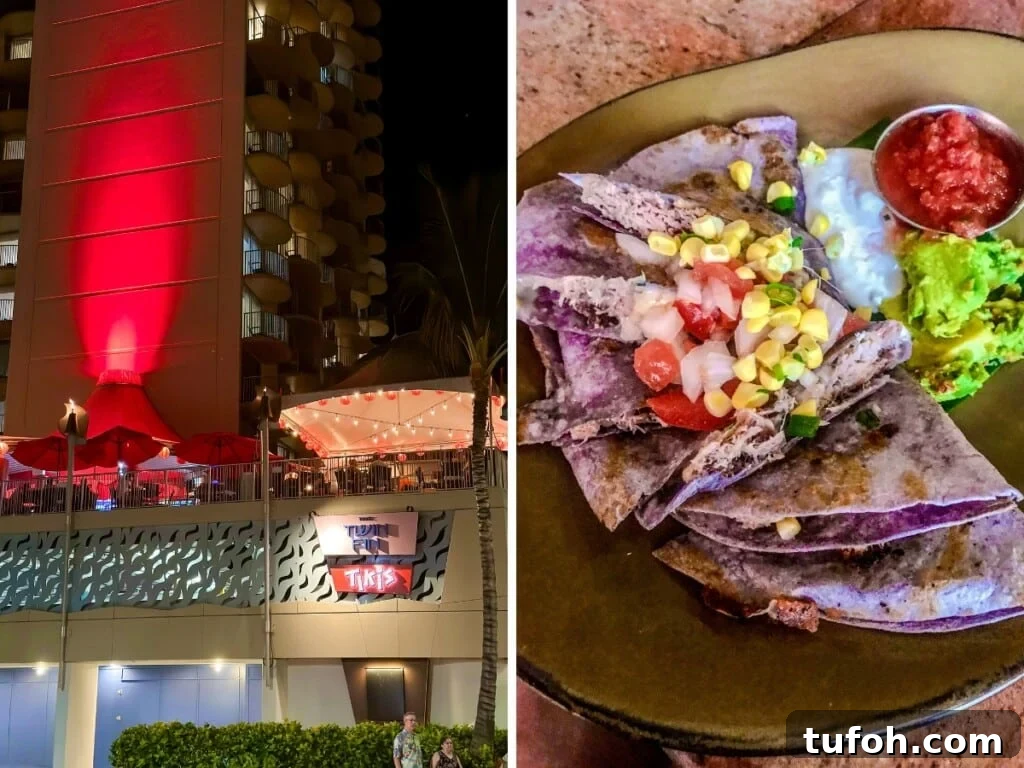 Unforgettable Theme Restaurants to Try in Waikīkī 6 The exterior of Tiki's Grill & Bar. Left: Kalua Pig Quesadilla, served with guacamole, salsa, and sour cream, showcasing a local favorite with a fusion twist.