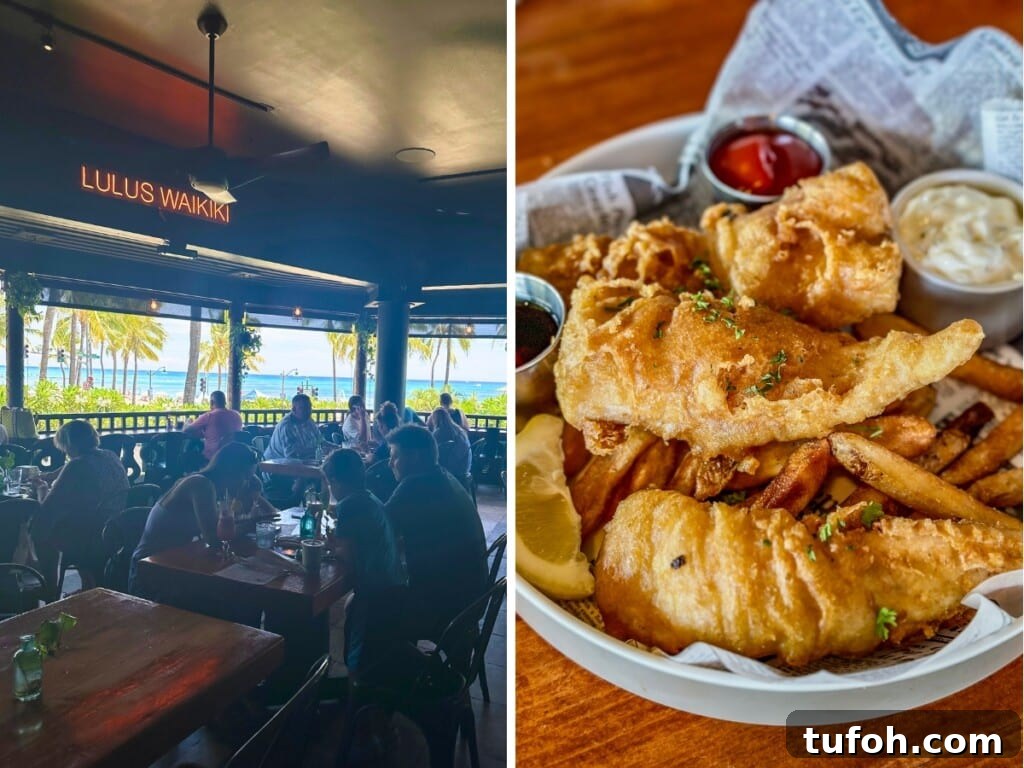 Unforgettable Theme Restaurants to Try in Waikīkī 7 Left: Lulu’s Waikiki open-air eatery with views of Waikīkī Beach. Right: A meal of battered fish and chips.