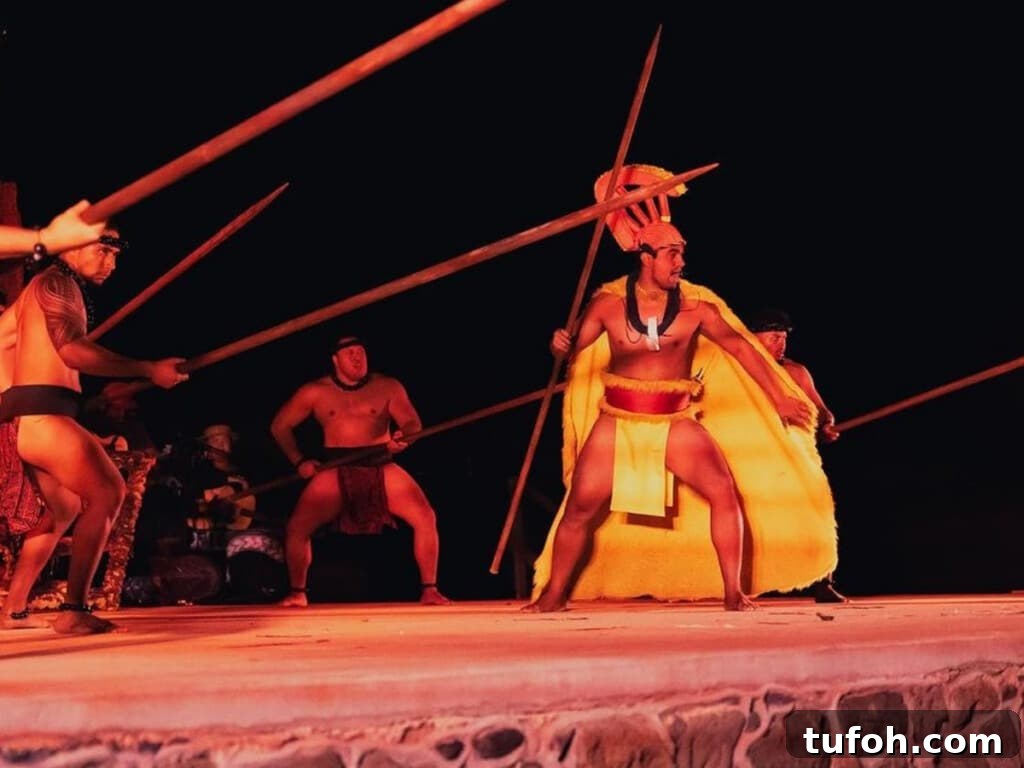 A Hawaiian warrior performing in the Mauka Warriors Luau.