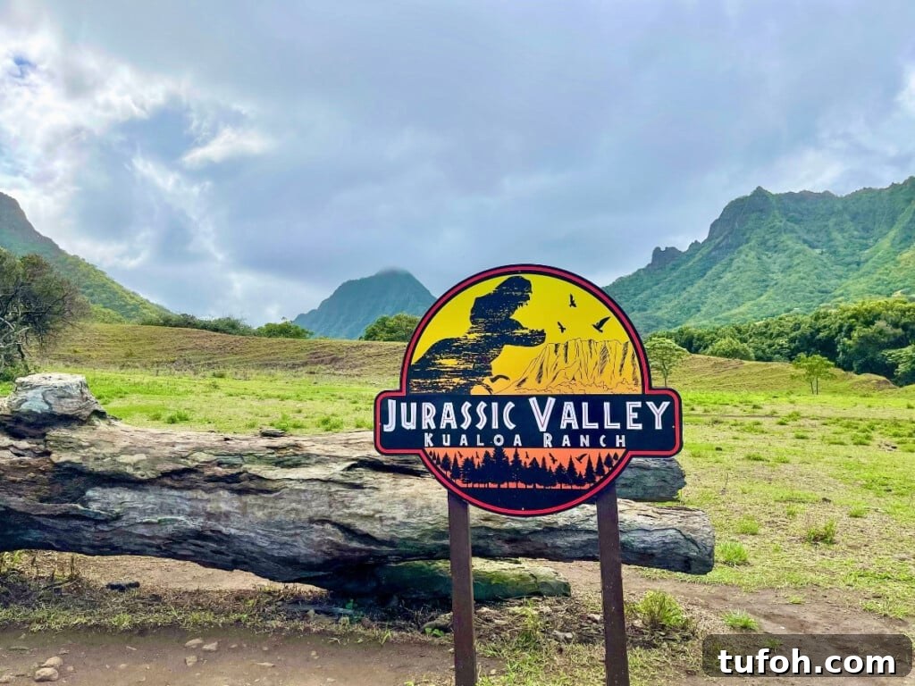 The Jurassic Valley sign in Kualoa Ranch, the film site of the Jurassic Park series.