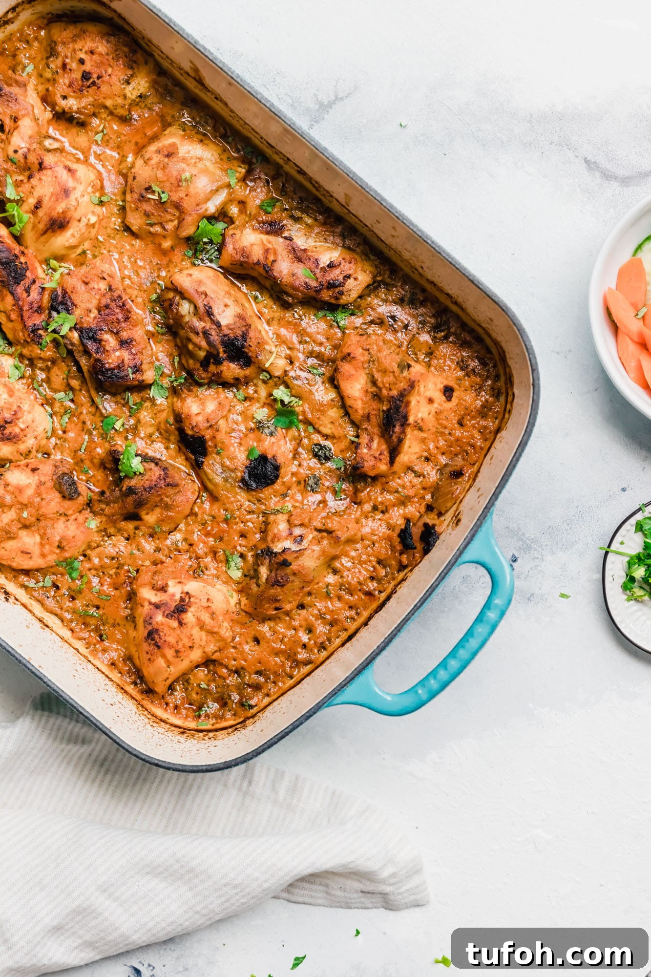 Oven-Baked Tandoori Chicken Curry Recipe 4 A pan of Baked Tandoori Chicken Curry.