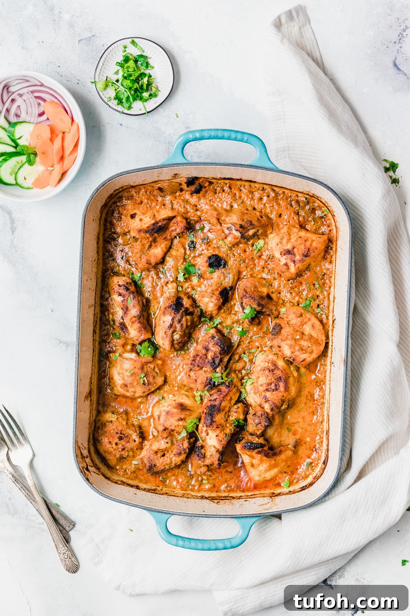 Oven-Baked Tandoori Chicken Curry Recipe 6 A pan of Baked Tandoori Chicken Curry.