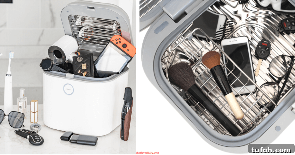 Sanitize and Sterilize Your Belongings Safely and Effectively 6 Two photo collage with a full size image of the sanitizer stuffed with electronic games, watch, hair dryer, and more and a close up image with makeup brushes, glasses, keys, and cell phone inside the sanitizer.