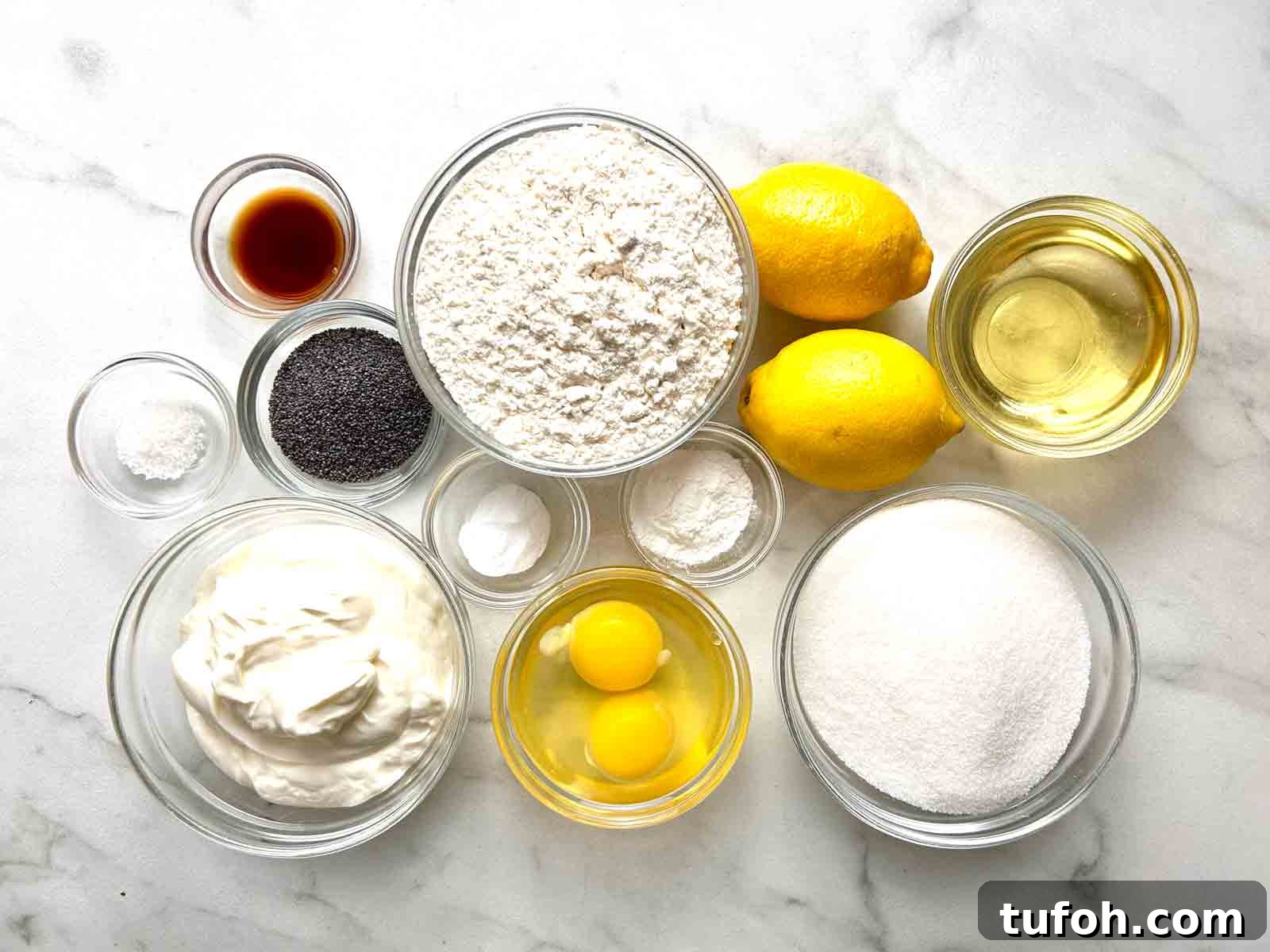 Lemon Poppy Seed Muffins Recipe: Moist, Zesty Muffins in 30 Minutes 3 ingredients prepped in bowls.