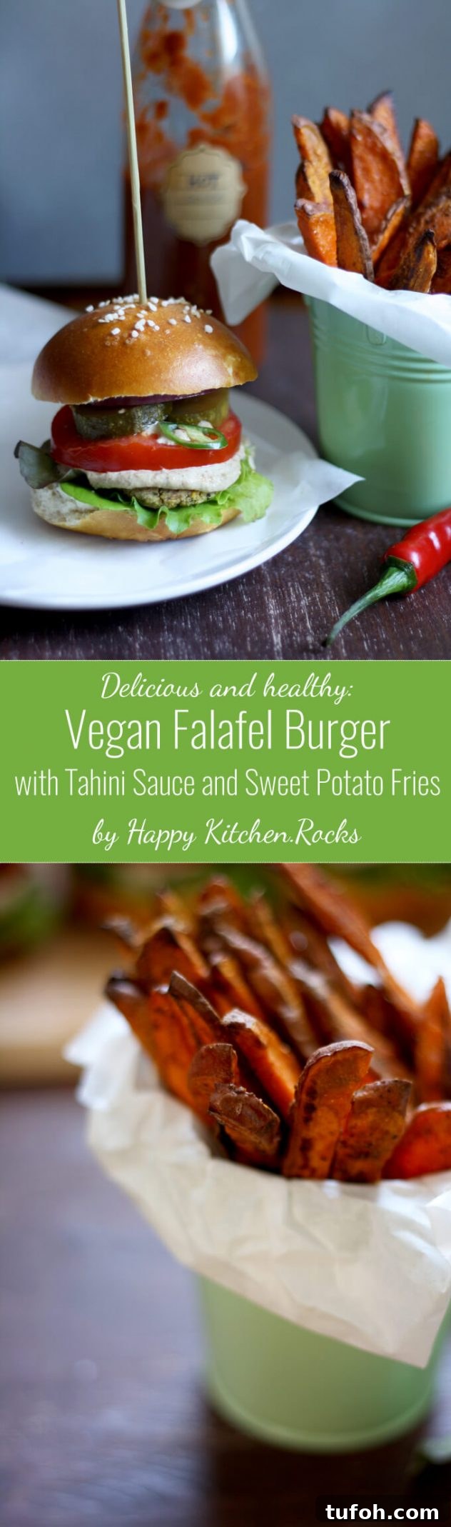 Juicy vegan falafel burger in a pretzel bun served with creamy tahini sauce and crispy and tender sweet potato fries. The best healthy falafel burger I've ever had!