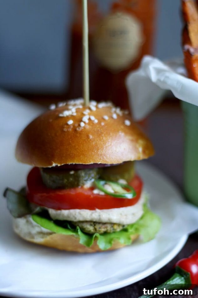 Juicy vegan falafel burger in a pretzel bun served with creamy tahini sauce and crispy and tender sweet potato fries. The best healthy falafel burger I've ever had!