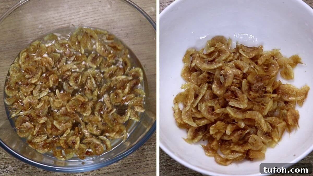 Dry prawns being cleaned and washed for kismoor recipe. There are two images in this collage one shows rinsing dry prawns with water and another cleaned prawns.