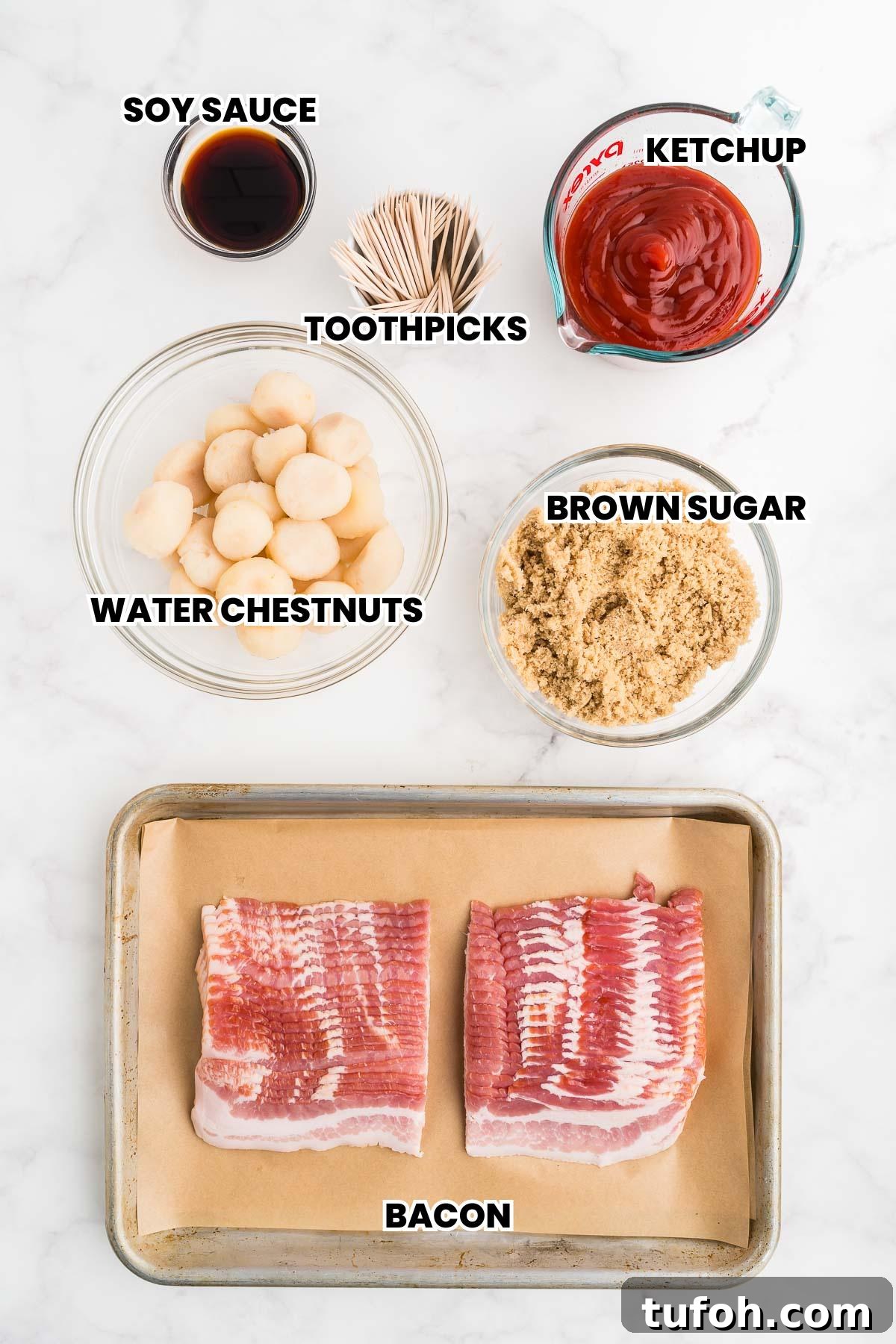 Crispy Bacon-Wrapped Water Chestnuts (Sweet & Savory Appetizer) 3 appetizer ingredients overhead shot