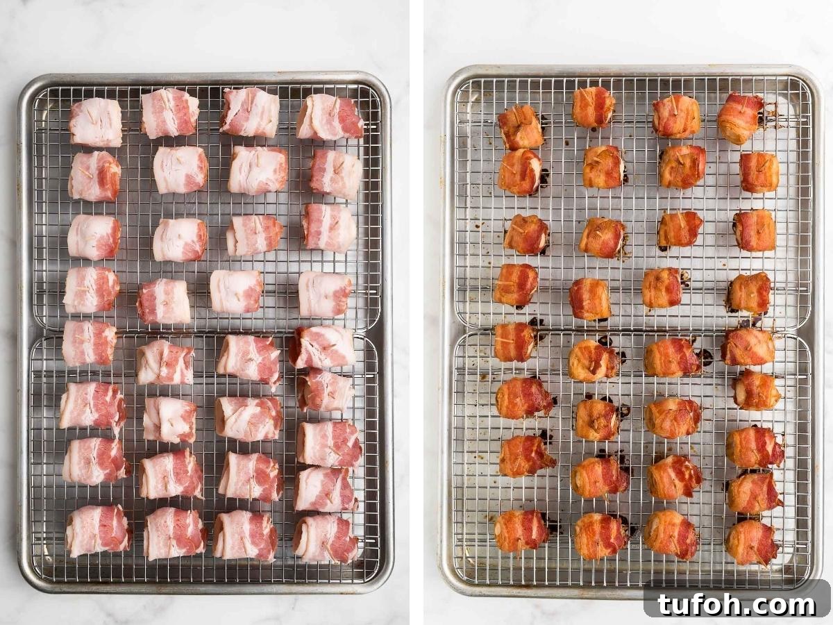 Crispy Bacon-Wrapped Water Chestnuts (Sweet & Savory Appetizer) 6 bacon wrapped water chestnuts on a baking sheet and wire rack