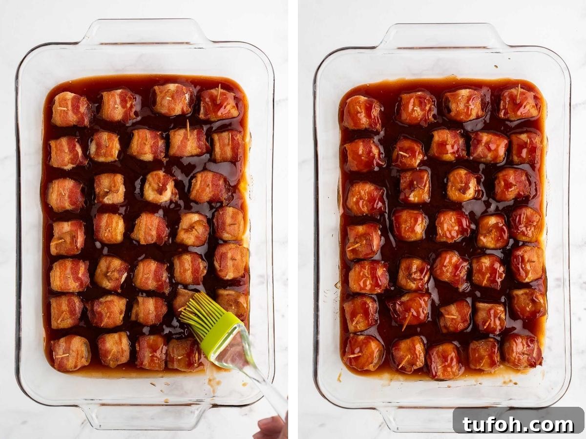 Crispy Bacon-Wrapped Water Chestnuts (Sweet & Savory Appetizer) 8 glazing bacon-wrapped water chestnuts in baking dish