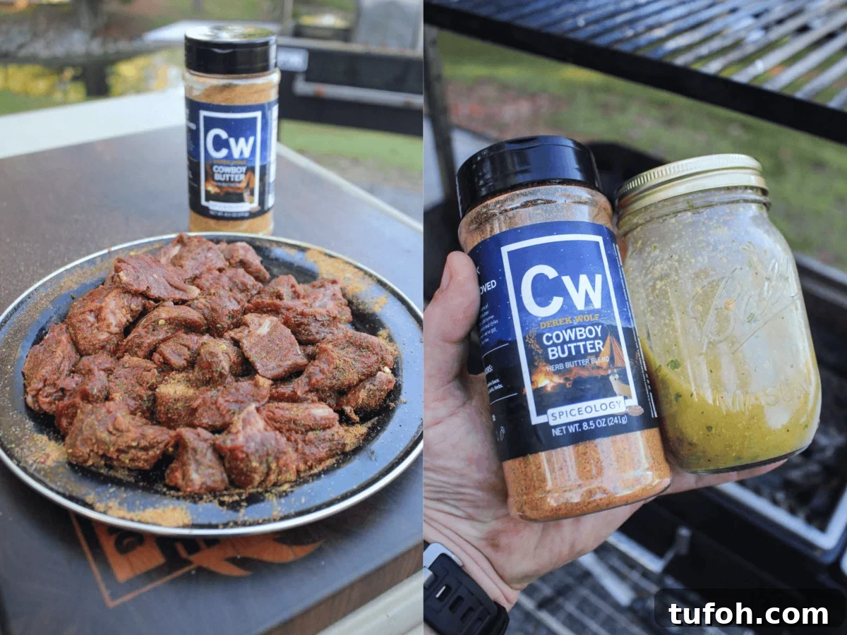 Seasoned steak and Cowboy Butter.