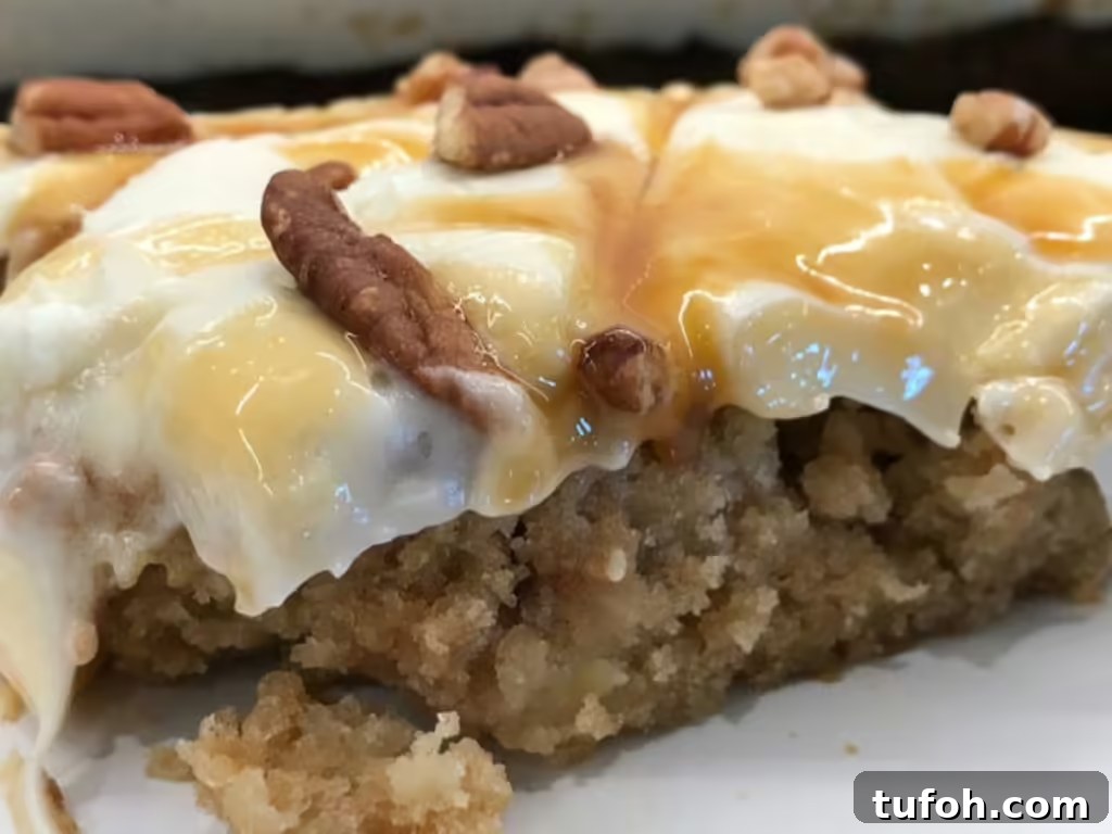 Classic Danish Apple Cake Recipe You’ll Love 2 Slice of moist Danish apple cake with cream cheese frosting, caramel topping, and pecans on a white plate.