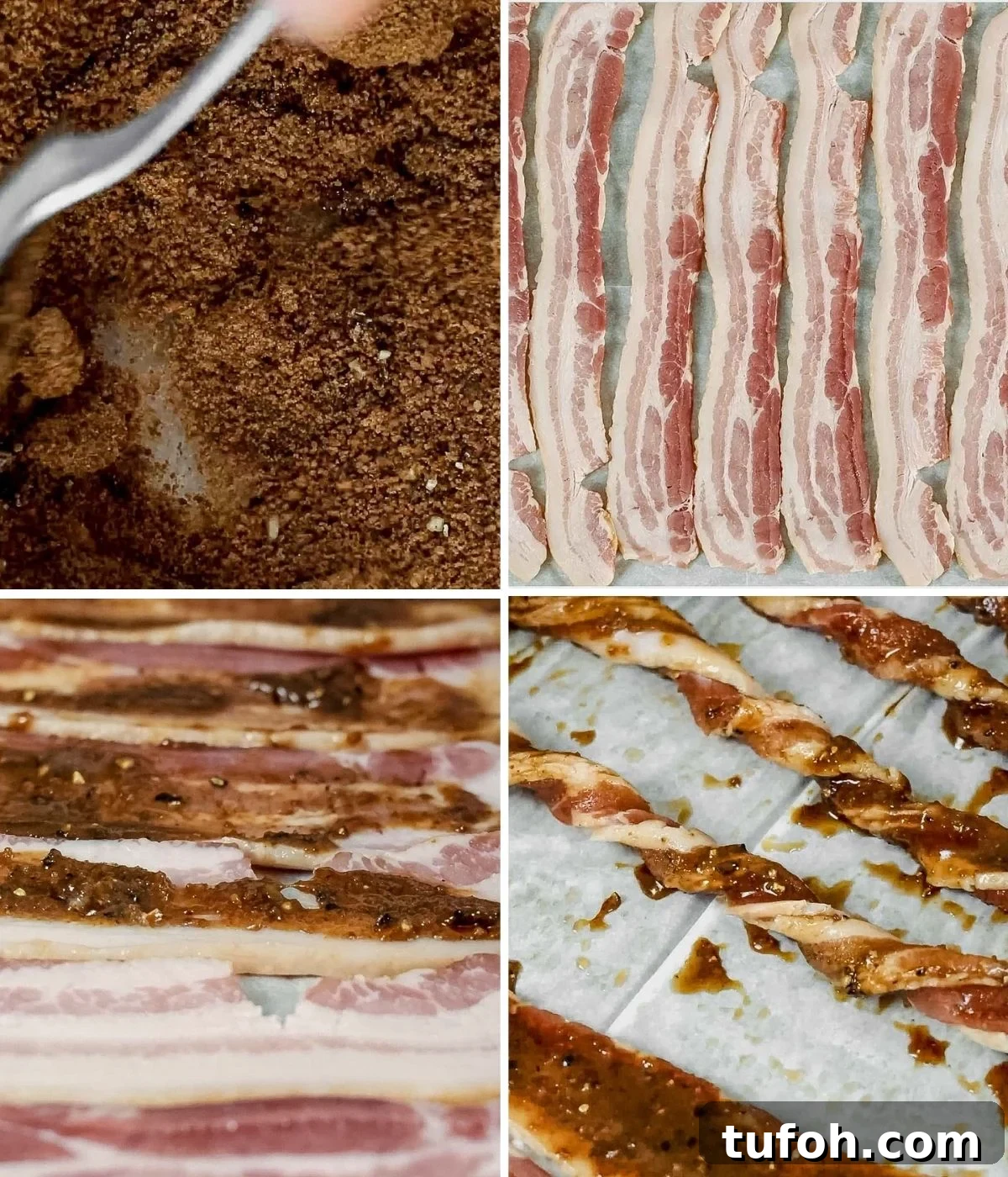 steps showing how to make twisted bacon