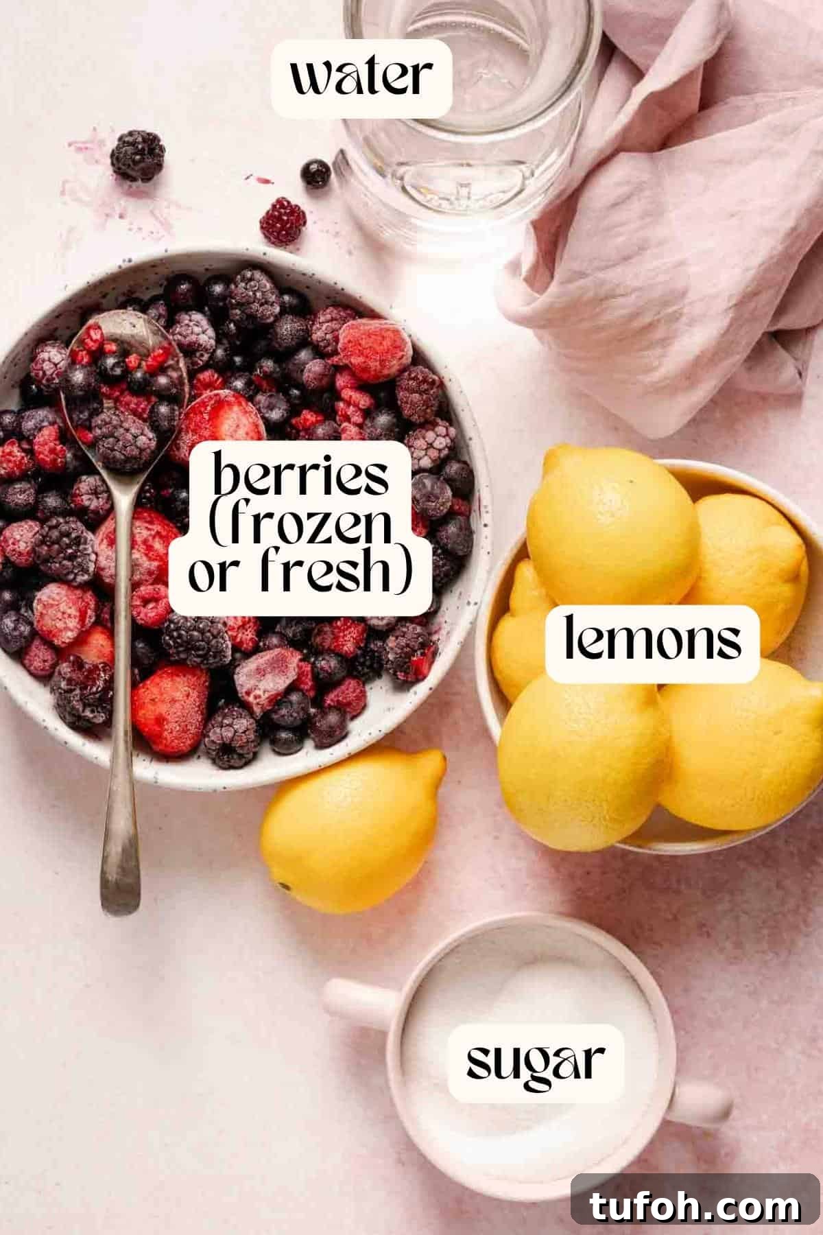 recipe ingredients for berry lemonade on light background with text labels.