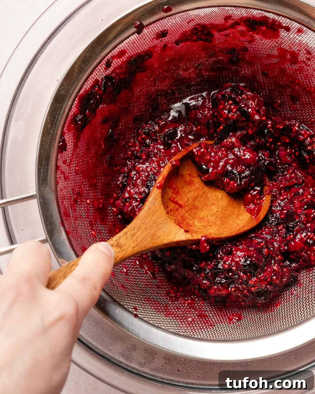 spoon pressing berry pulp through a strainer.