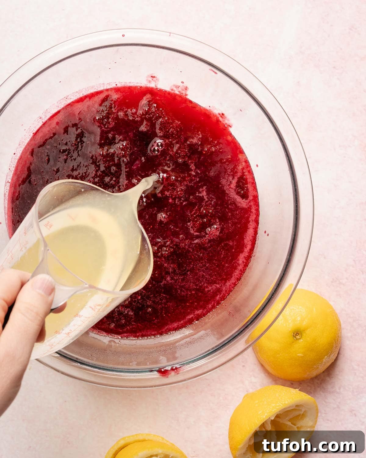 lemon juice being poured into a bowl with berry juice inside.