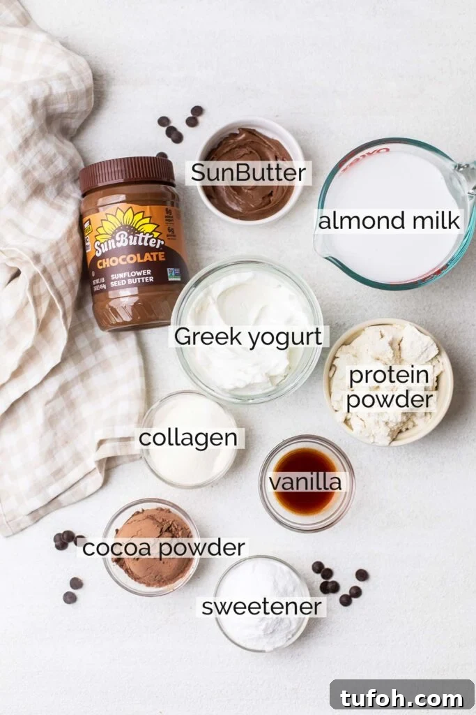 The ingredients needed to make chocolate protein ice cream shown with labels.