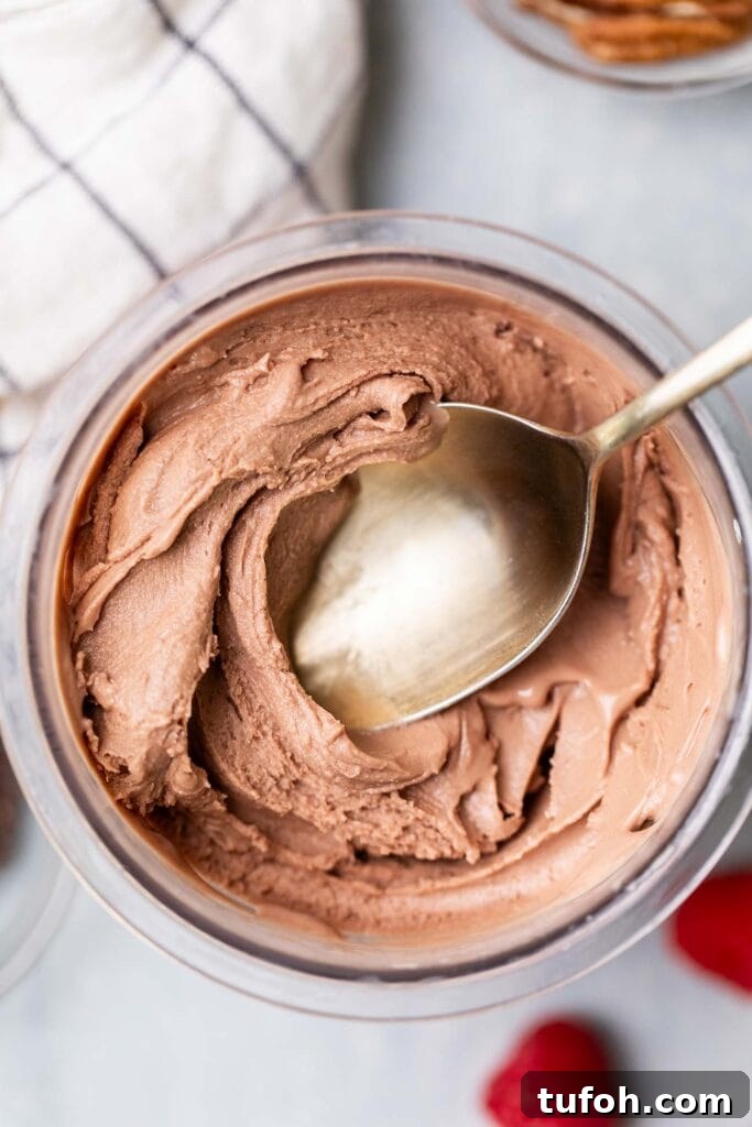 A gold spoon digging in to a thick chocolate protein ice cream.