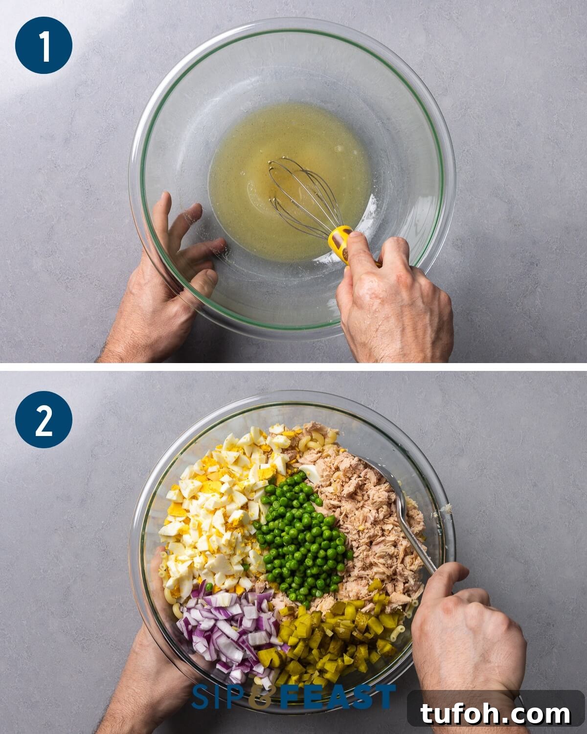 Creamy Tuna Macaroni Salad with Zesty Herb Dressing 5 Tuna macaroni salad recipe process shot collage group one showing mixing of brine in large bowl and mixing of all the ingredients in the same bowl.