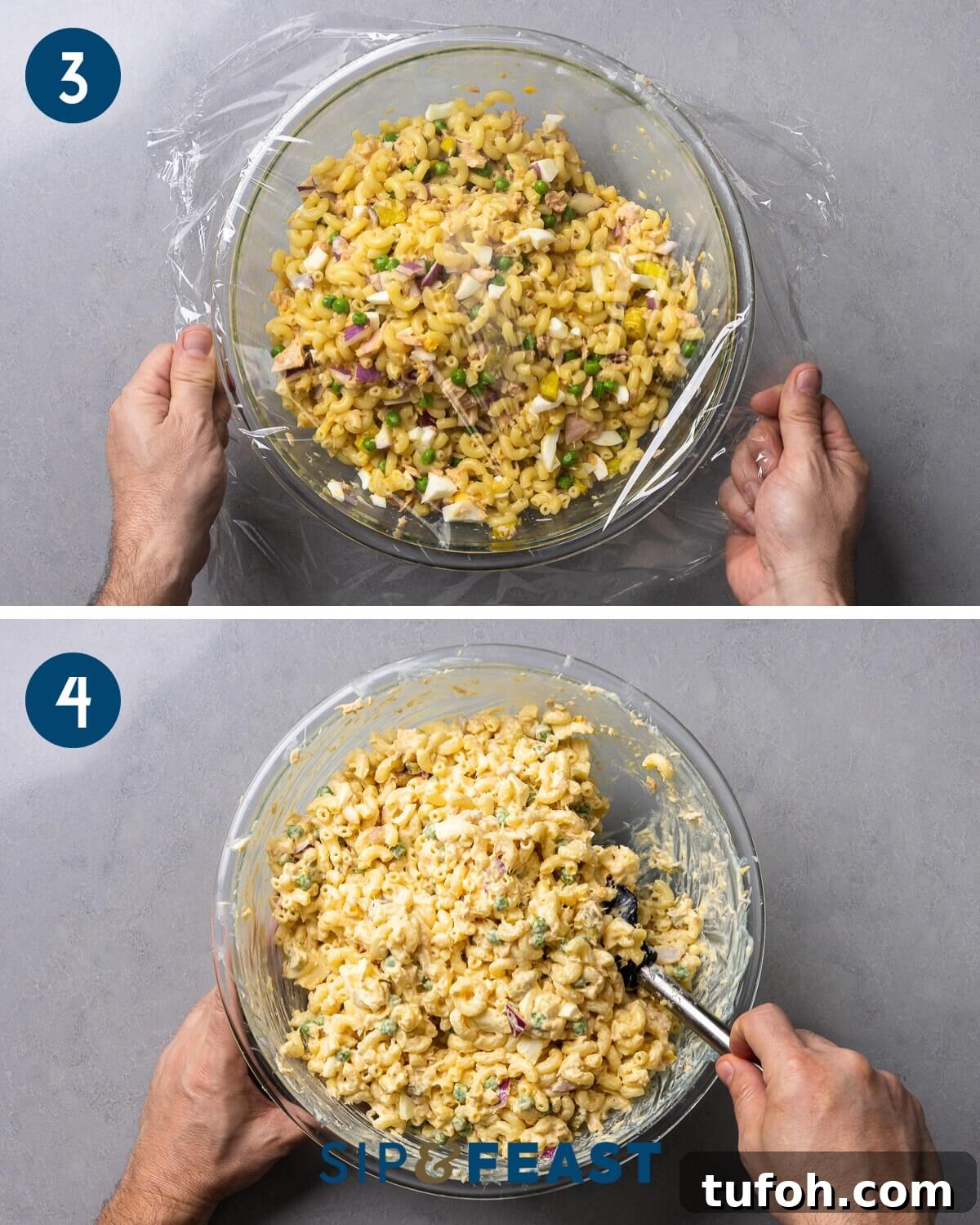 Creamy Tuna Macaroni Salad with Zesty Herb Dressing 6 Recipe collage two showing covering the salad with plastic to sit in the brine and mixing the salad with mayonaisse before serving.