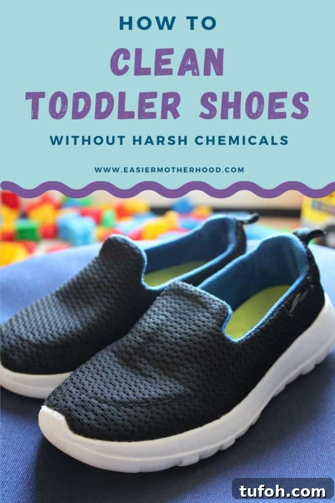 Clean Toddler Shoes: Step-by-Step Guide for Stubborn Stains 2 Pin with an image of cleaned toddler shoes sitting on a blue bin with colored blocks in the background. Text above the image reads 'how to clean toddler shoes without harsh chemicals'.
