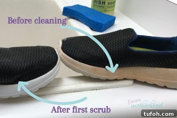 Clean Toddler Shoes: Step-by-Step Guide for Stubborn Stains 3 Toddler shoes before and after one scrubbing with dish soap. Shoes are on a utility sink counter with dish soap and a blue sponge in the background, and arrows indicating the cleaning status of the shoes.