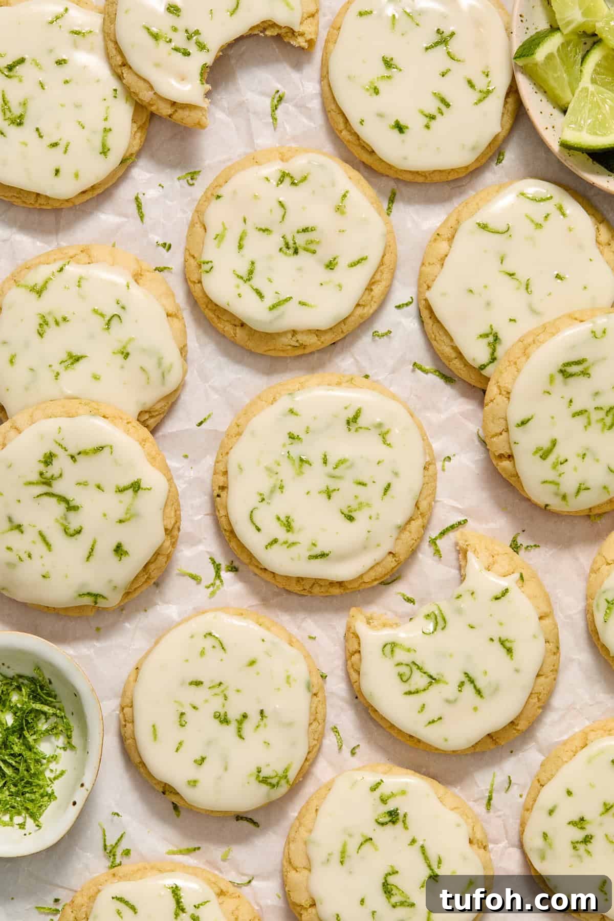 Key lime cookie with lime glaze on counter with other cookies and limes surrounding.