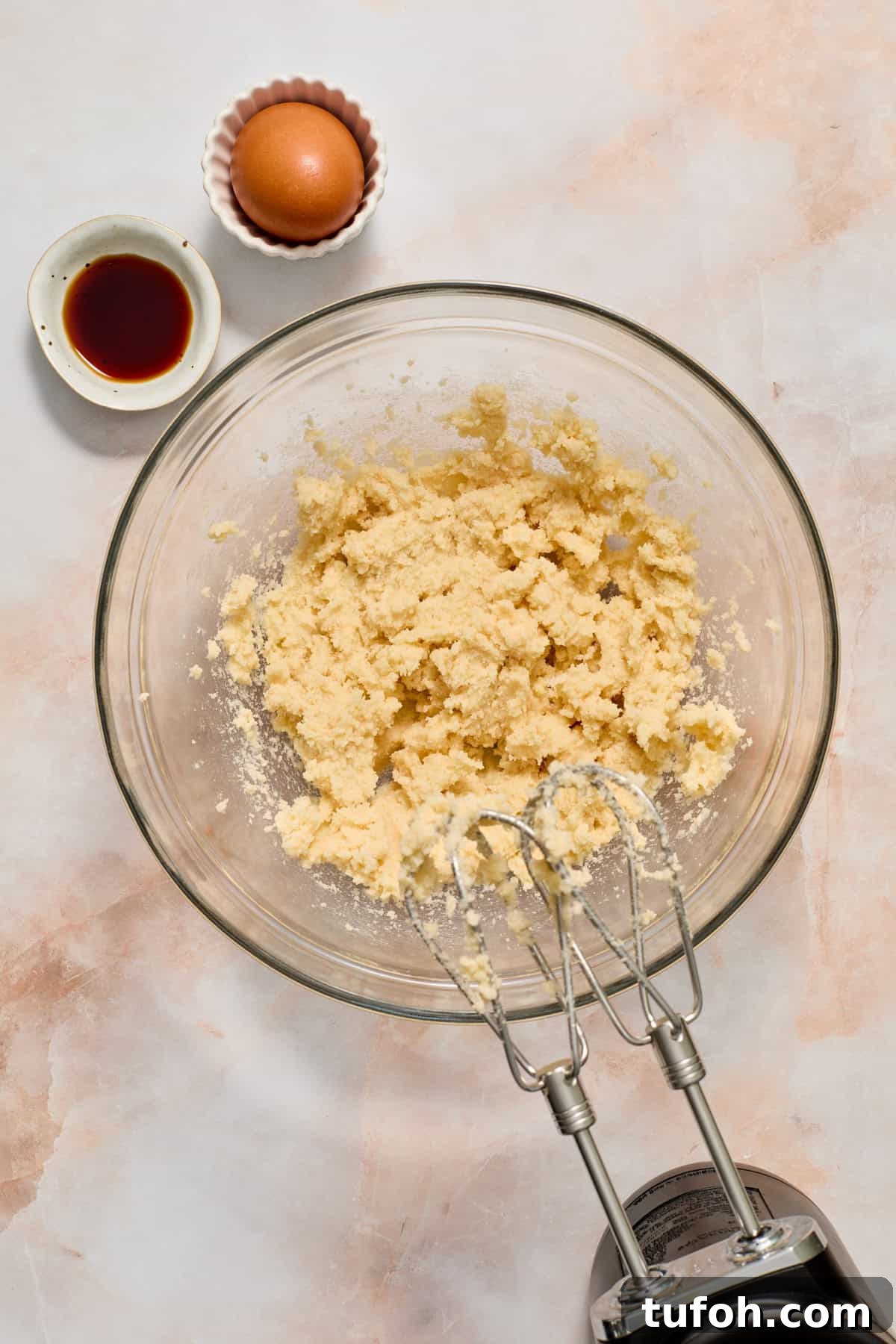Creamed butter and sugar in mixing bowl with hand mixer, vanilla and egg set to the side.
