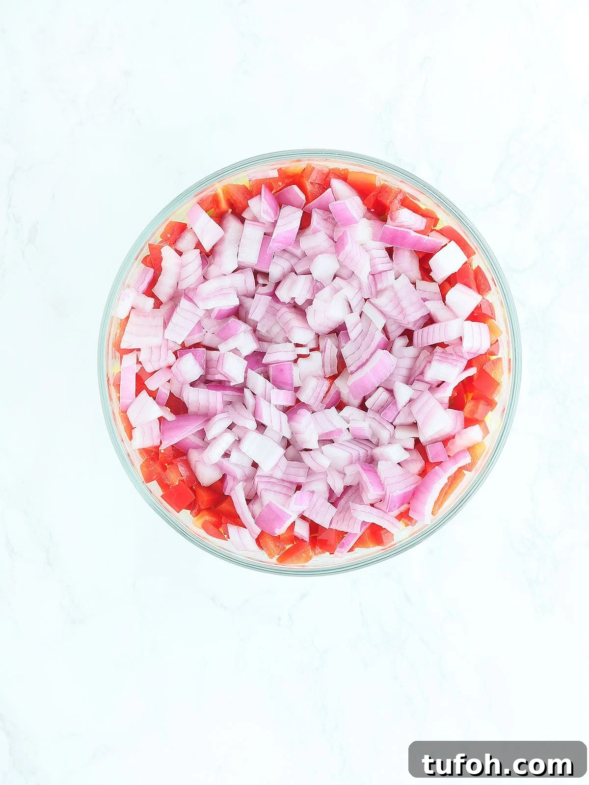 cornbread salad topped with red onions