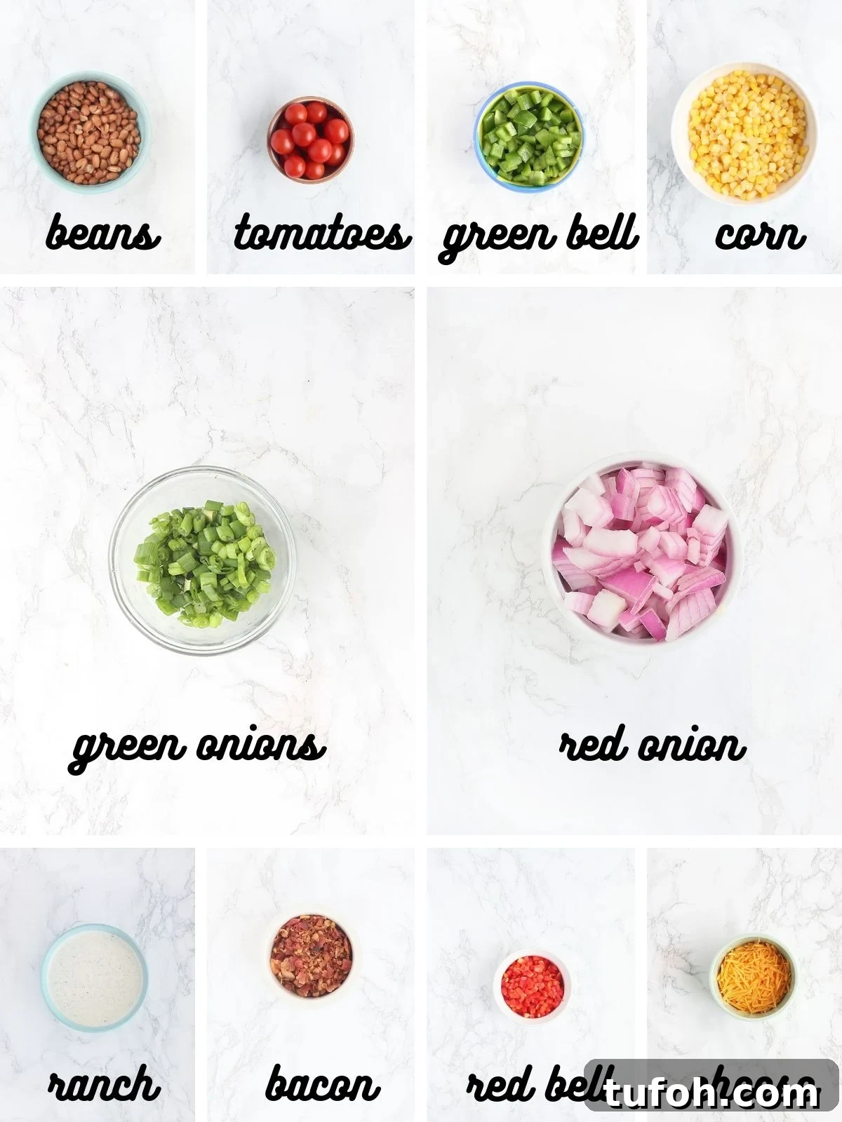 collage of ingredients needed to make cornbread salad