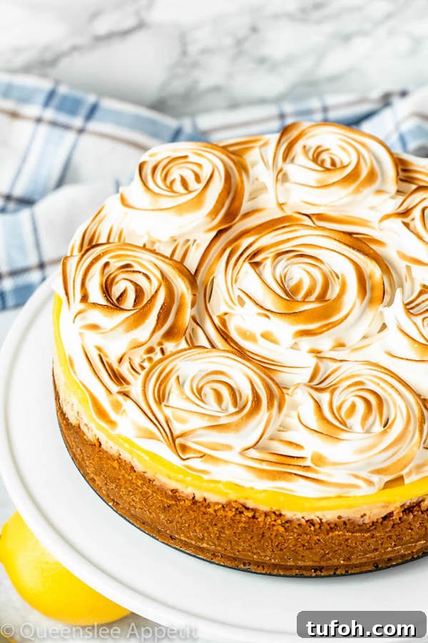 graham cracker crust, lemon cheesecake, lemon curd topping, meringue rosettes
