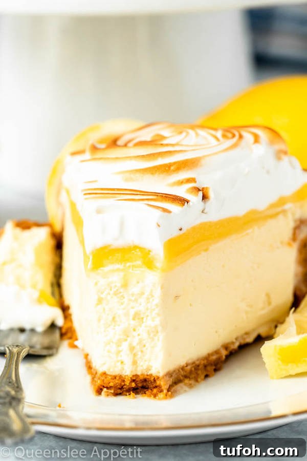 sliced lemon meringue cheesecake
