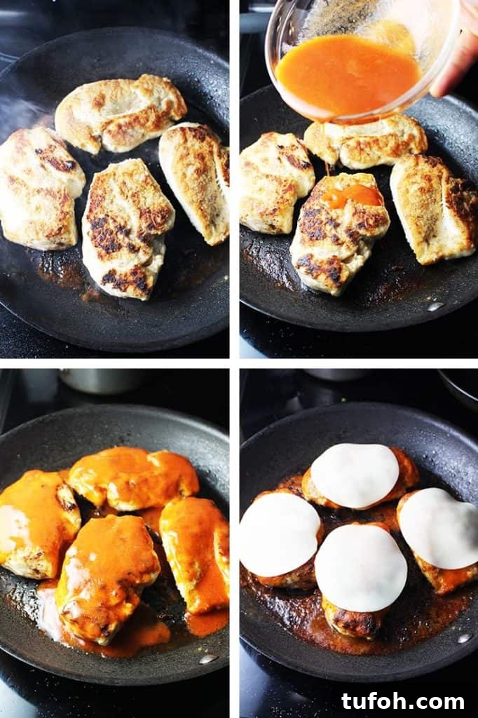 Buffalo Chicken Burgers with Tangy Blue Cheese Slaw 5 Chicken breasts being pan fried and smothered in Buffalo wing sauce and cheese for Buffalo chicken breast burgers