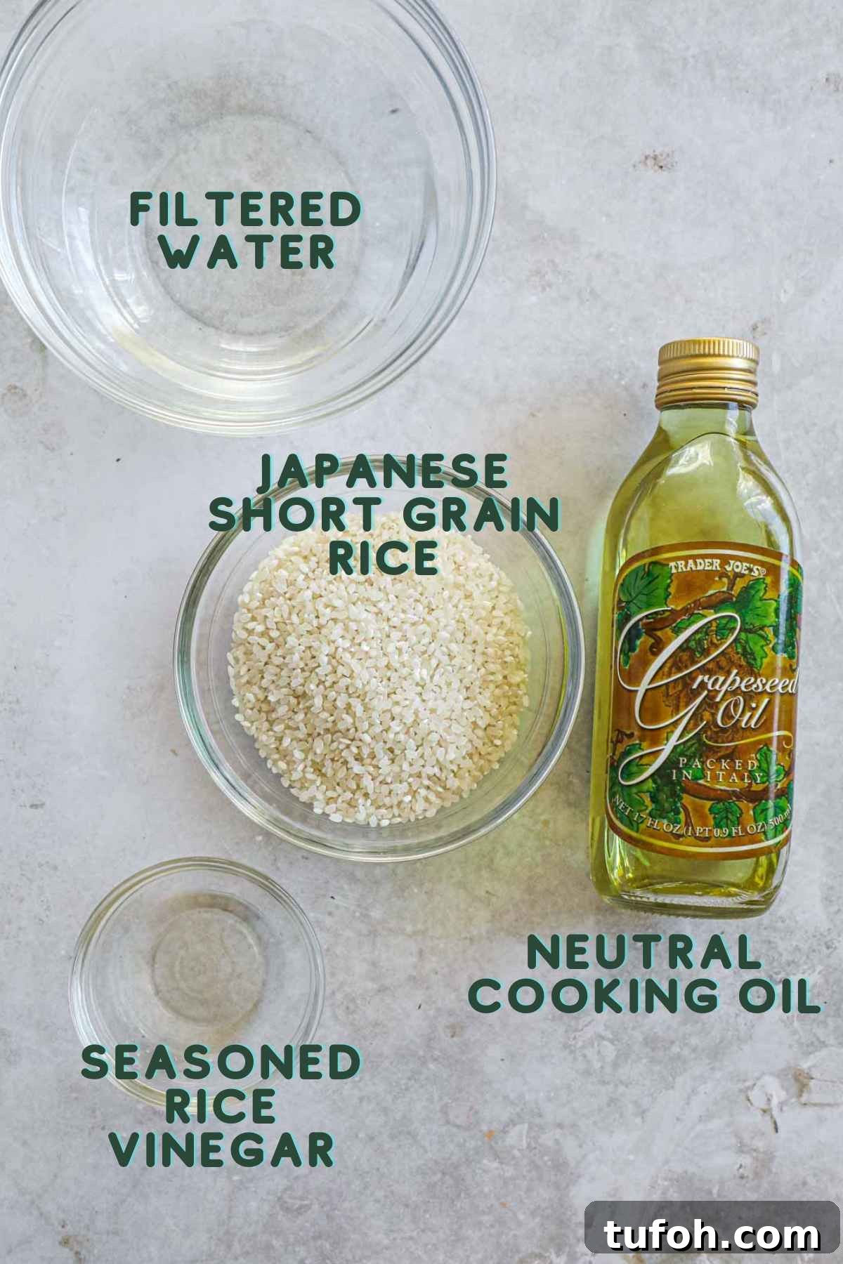 Crispy Rice Squares Recipe: Step-by-Step Guide for Perfect Crunch 3 Ingredients to make crispy Japanese rice cakes, including Japanese short-grain rice, seasoned rice vinegar, water, and neutral cooking oil.