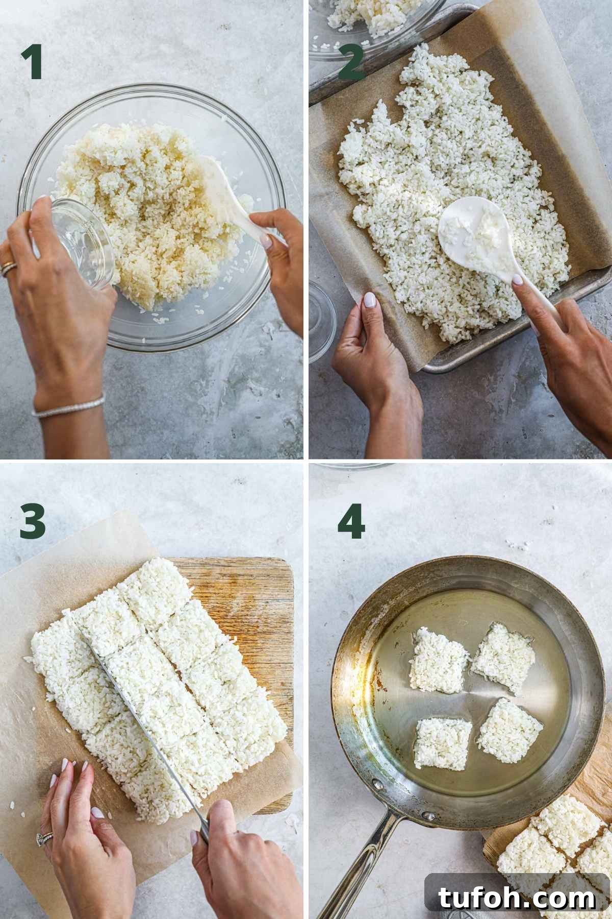 Crispy Rice Squares Recipe: Step-by-Step Guide for Perfect Crunch 4 Steps to make crispy rice cakes, including seasoning and fluffing the rice, molding it on a parchment paper-lined baking sheet or dish to chill, cutting the rice into squares, and frying it in a pan.