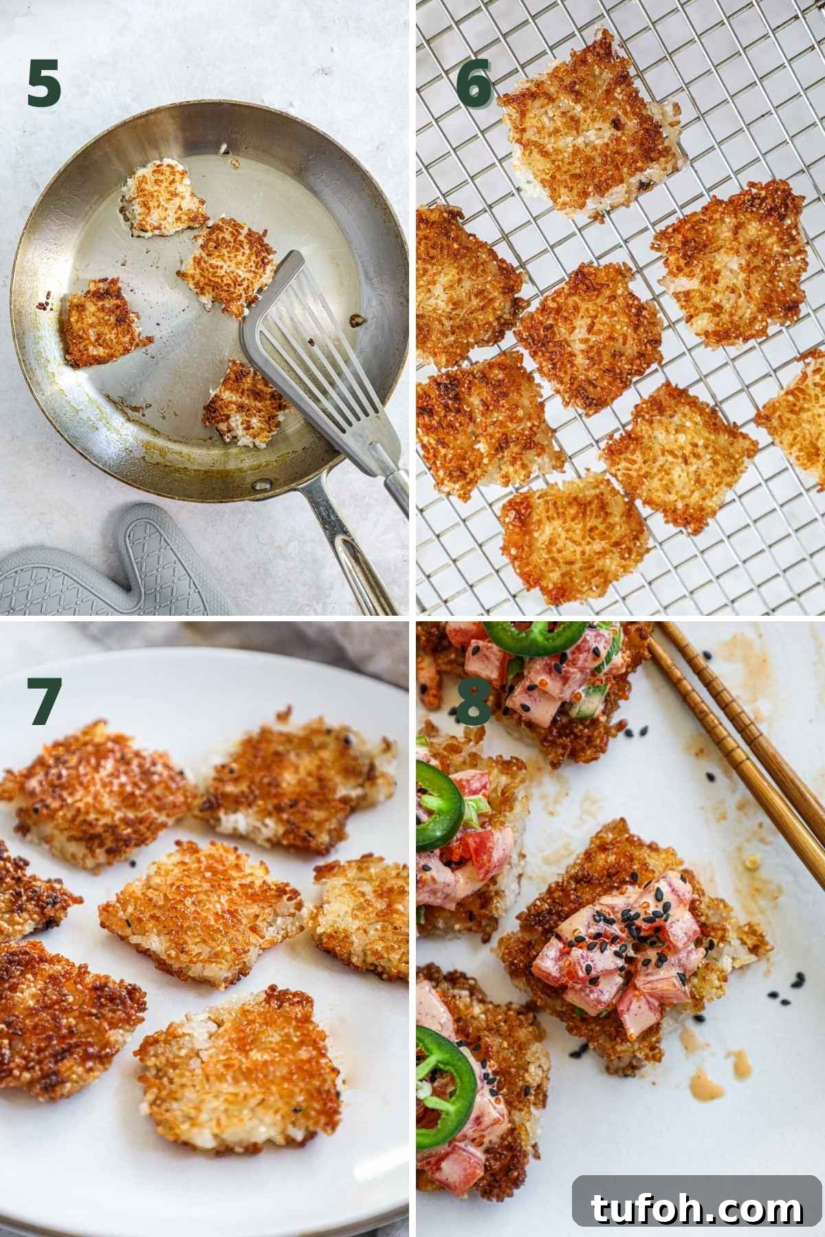 Crispy Rice Squares Recipe: Step-by-Step Guide for Perfect Crunch 5 Steps to make crispy rice squares, including frying the rice squares on both sides, draining on a wire rack, plating on a serving plate, and topping with poke or salad.